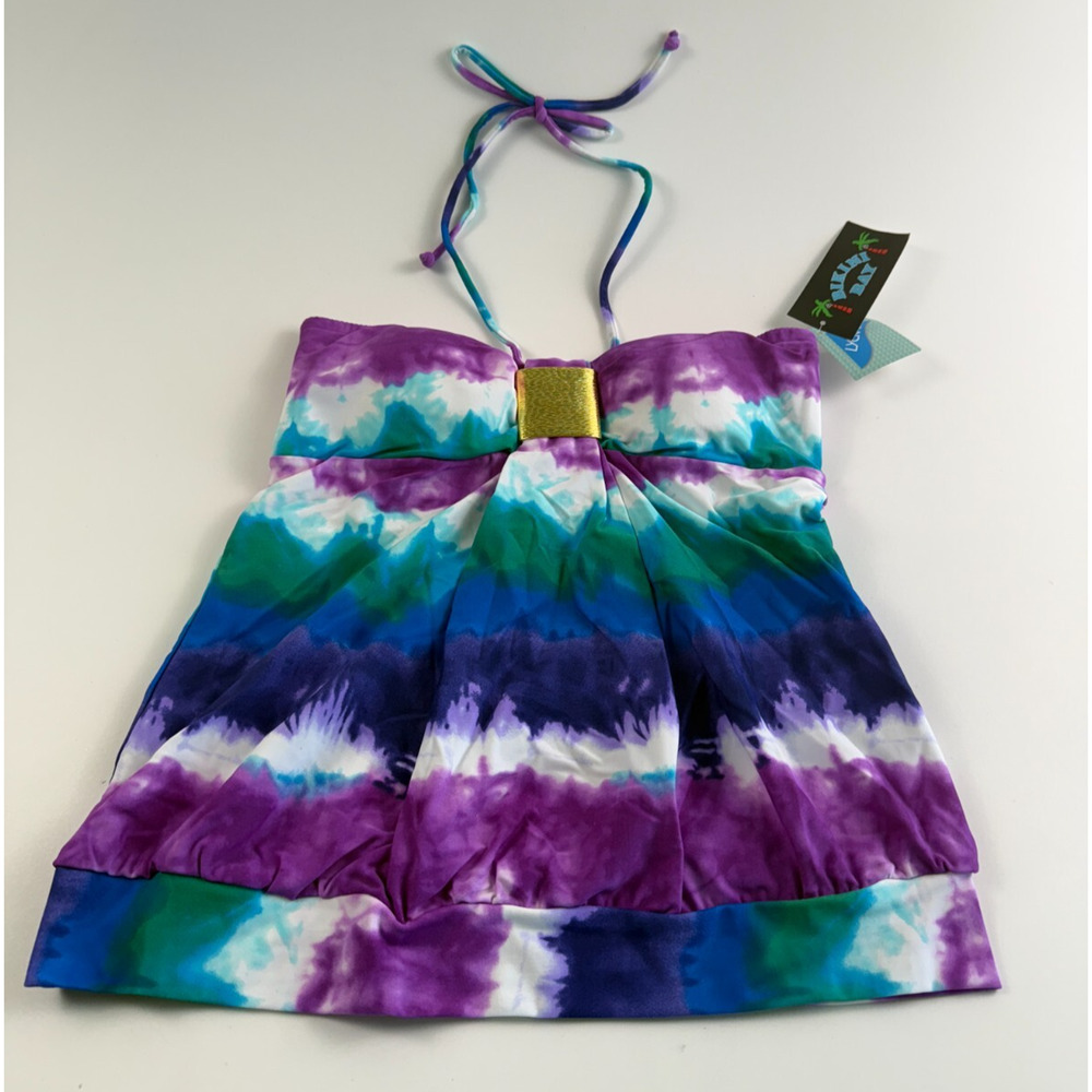 Bikini Bay Blouson Blue/Purple Tie-Dye Tankini Top w/ Gold Accent Size 8 NWT